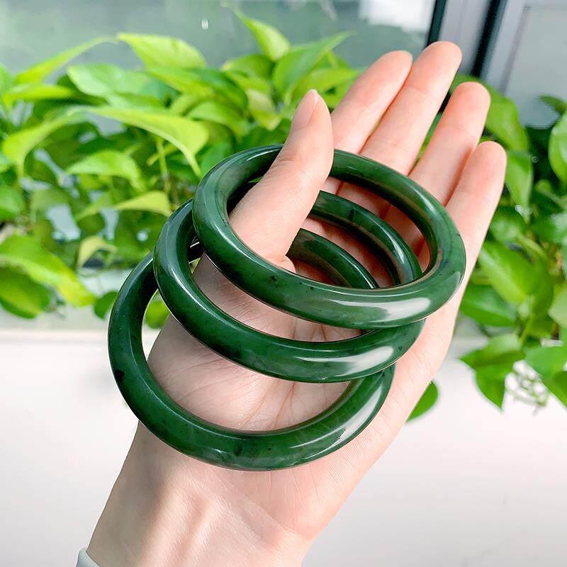 天然和田玉碧玉手镯女款菠菜绿玉手镯少女款细条圆条玉镯子美人镯