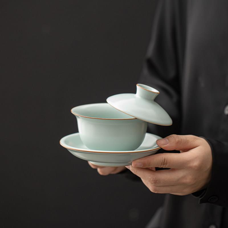苏氏陶瓷 悬停三才盖碗茶具套装汝窑开片八杯功夫茶具礼盒装
