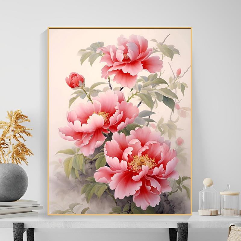 牡丹花diy数字油画手工填色手绘新中式客厅玄关装饰画油彩画丙烯图片