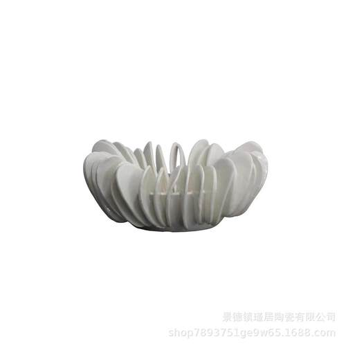纯手工异形陶瓷艺术摆件手工捏花边拼接创意白色果盘、软装家居