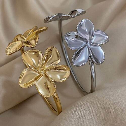 Greatera Stainless Steel Double Flower Cuff Bracelet Bangle