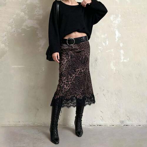 Women's Leopard Lace Patchwork Midi Skirt Low Waist Y2K