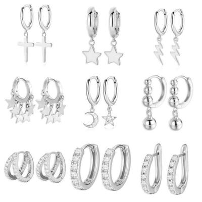 925 Sterling Silver Earrings Gold Color cross Moon Star CZ Z