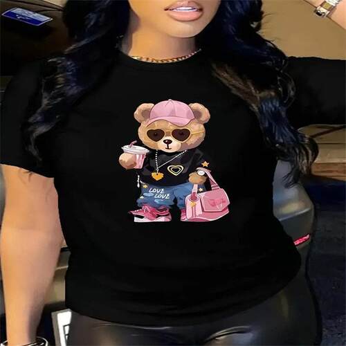 Women's Casual Cartoon Bear Graphic T-Shirt -Black Short