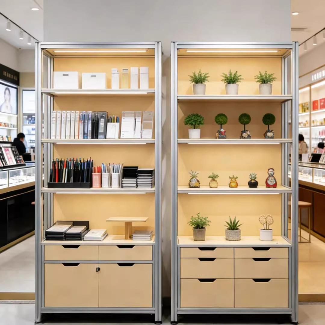 家用铝挤型材料内嵌灯带展示柜海洋板多层落地式置物架储物展示柜
