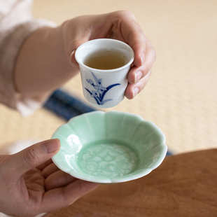梅子青浮雕缠枝莲茶杯垫陶瓷隔热垫家用功夫茶具防烫杯托茶道配件