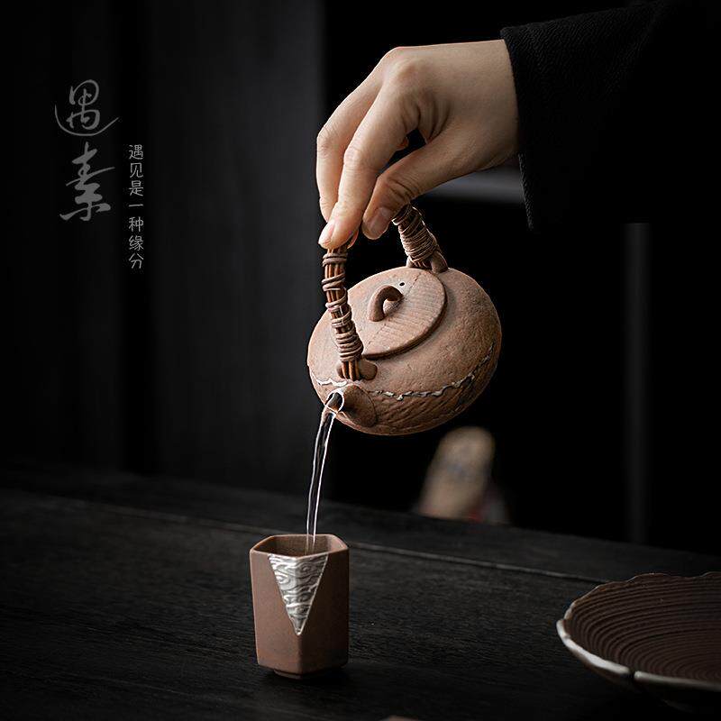 复古陶瓷提壶家用粗陶茶壶带过梁tlh-0230手滤茶水壶中式工鎏银泡