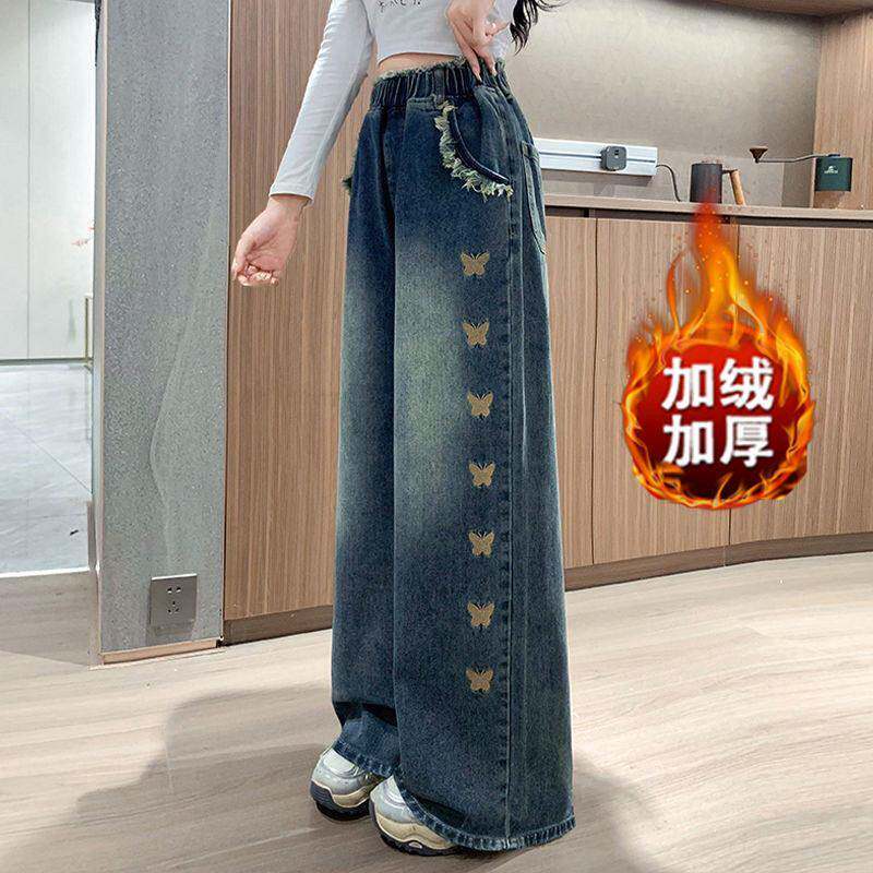 SPYB大码女秋冬复古刺绣加绒牛仔裤宽松紧高腰直筒裤显瘦阔腿裤子