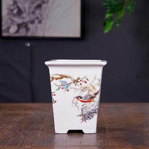 高级感陶瓷花盆高款方形彩绘贴画绿植兰花盆栽盆景盆中国风