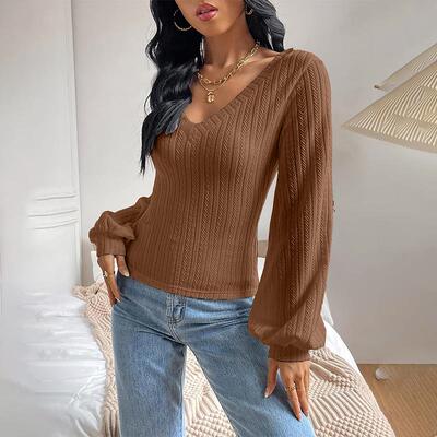 Women's Plain Jacquard Lantern Sleeve V Neck Fitted Tee