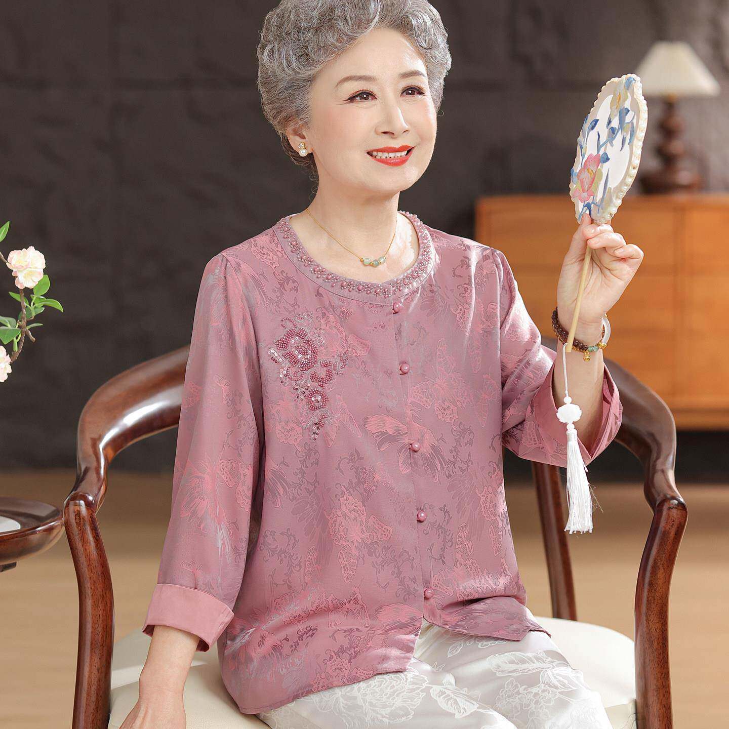 奶奶装夏装七分袖圆领衬衫妈妈太太中袖洋气衣服70岁80老年人套装
