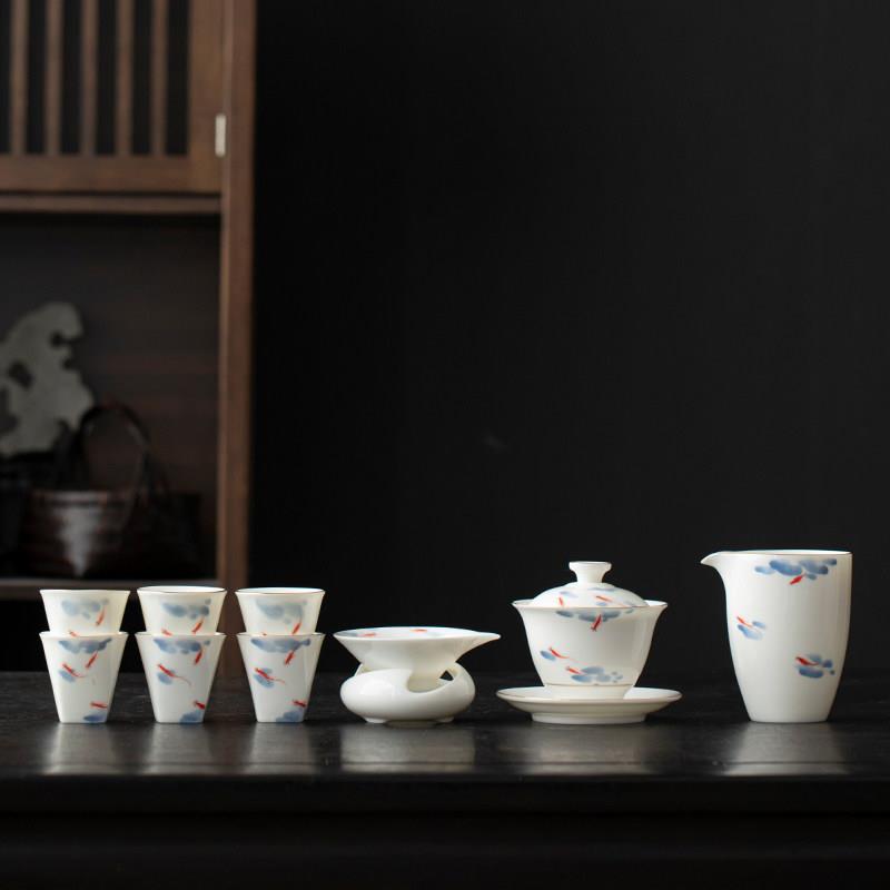 羊脂玉瓷手绘盖碗茶杯套装功夫茶具釉下彩陶瓷单个家用泡茶碗带盖