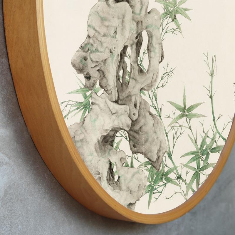 网红新中式禅意装饰画太湖石挂画圆形国画画框餐厅书房样房水墨玄