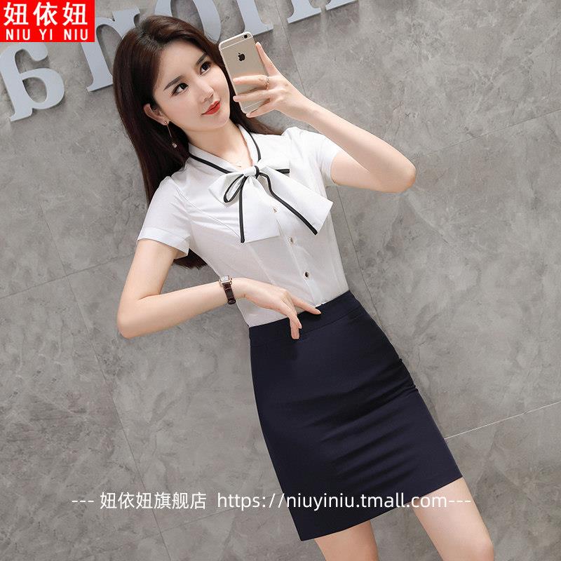 职业白色衬衫女短袖2026新款夏季时尚蝴蝶结衬衣OL工作服雪纺上衣