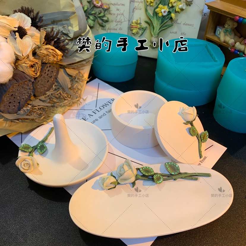 樊的手工小店diy水晶滴胶石膏手工翻模复古稀有玫瑰花收纳盒模具