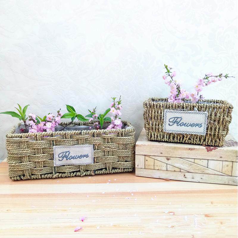 草编花篮创意手编柳条藤干插花绿色植物多肉家庭长方形花盆