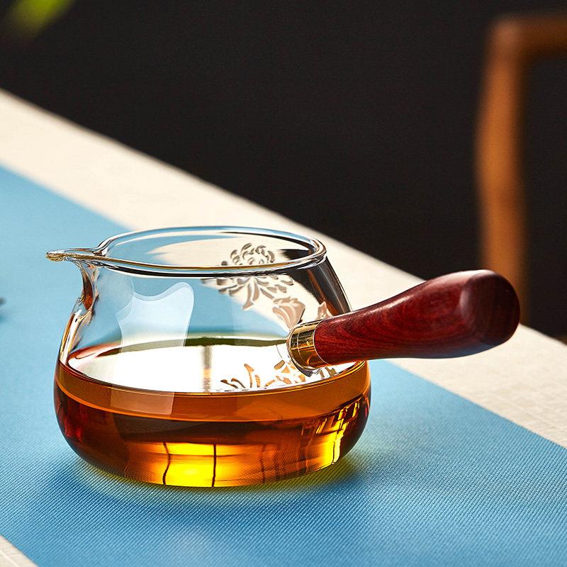 侧把木柄玻璃公道杯耐高温高档高硼硅新款茶海过滤分茶器功夫茶具图片