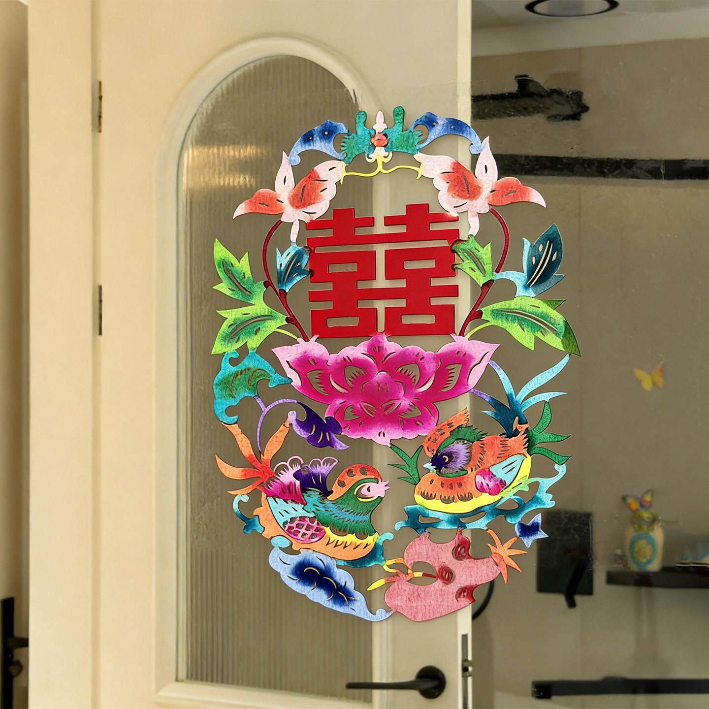 鸳鸯喜字非遗剪纸婚房布置镜子玻璃窗花装饰国风喜字贴拍照道具