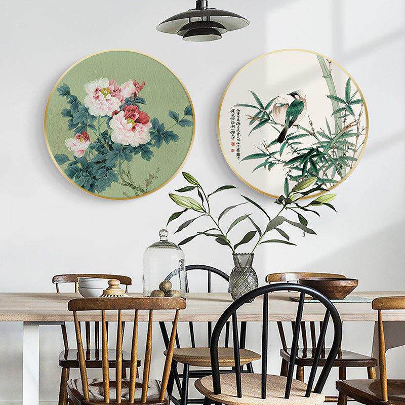 新中式圆形装饰画客厅沙发背景墙挂画玄关书房花鸟国画牡丹竹子挂