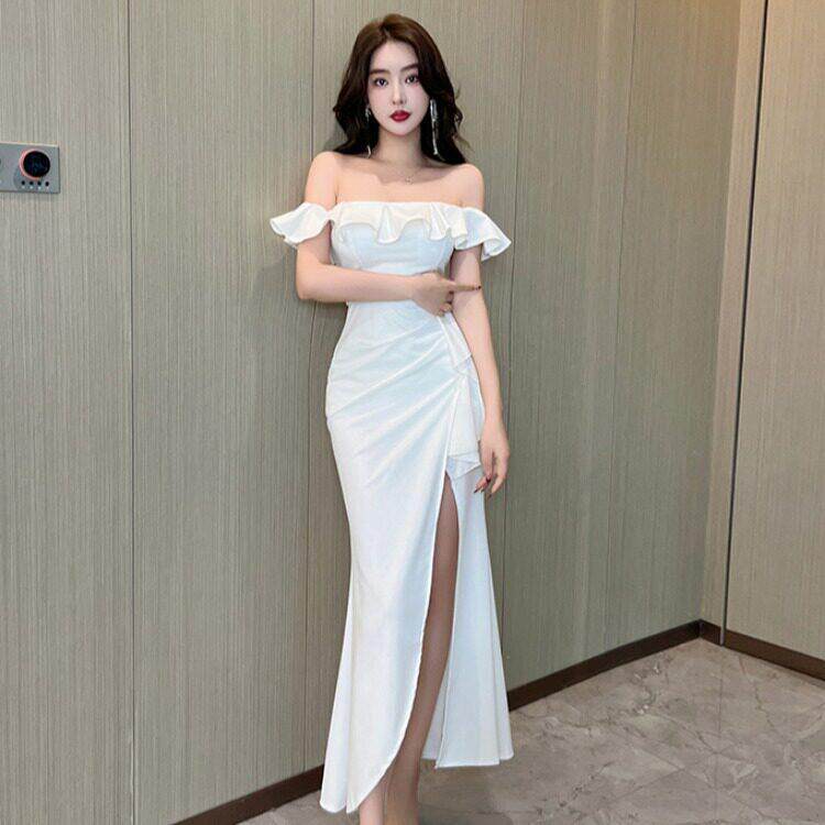 夜总会女装2025夏装新款一字肩抹胸鱼尾裙性感开叉包臀长款连衣裙
