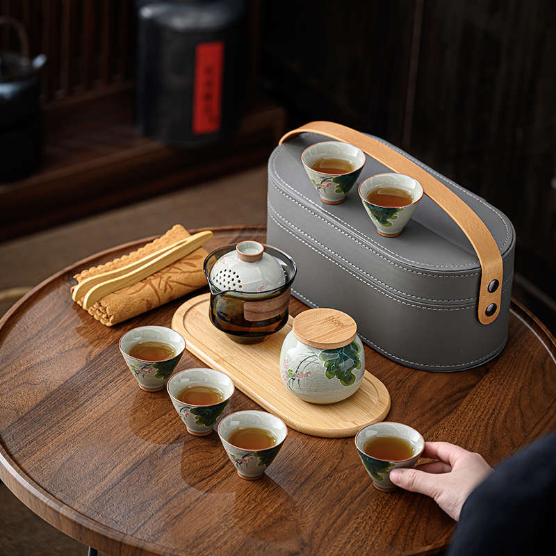 冰片釉手绘荷花六杯户外便携旅行茶具釉下彩开片功夫套装LOGO定制