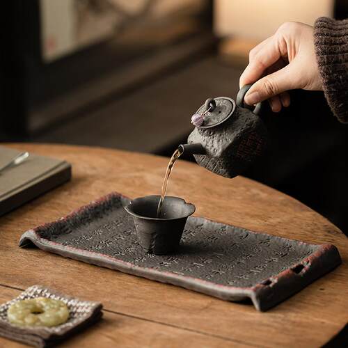 老岩泥卓泥经文壶承蓄水粗陶干泡盘复古中式茶点盘茶台茶托盘配件