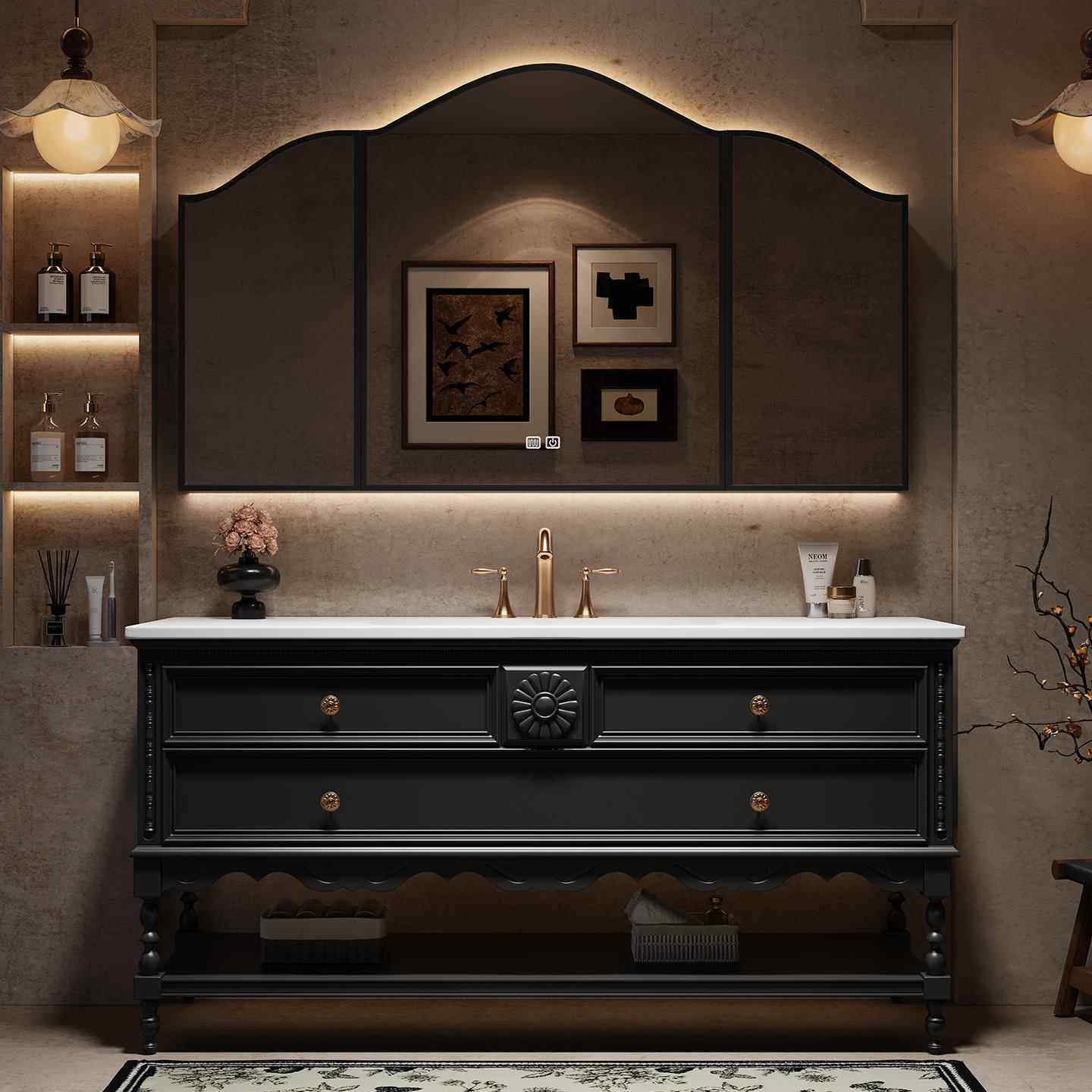 法式复古浴室柜组合橡木岩板热弯一体盆卫生间洗漱台洗手盆落地柜