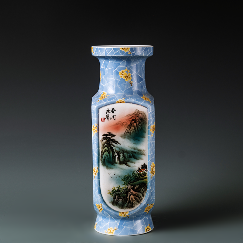 四季山水画陶瓷花瓶邹月老师满瓶手绘赏瓶中式家居装饰定制摆件