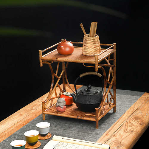 梅鹿竹茶棚手工竹制博古架中式复古茶具收纳架席面茶壶茶杯置物架