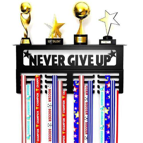Never Give Up Medal Holder Wall Mounted Metal Awards Rack - 封面