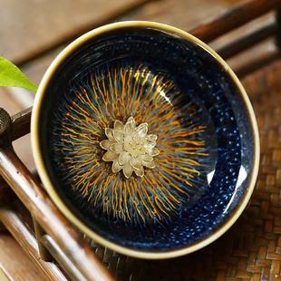 金丝天目釉建盏茶杯兔毫盏镶银主人杯窑变单杯十二生肖银杯陶瓷杯