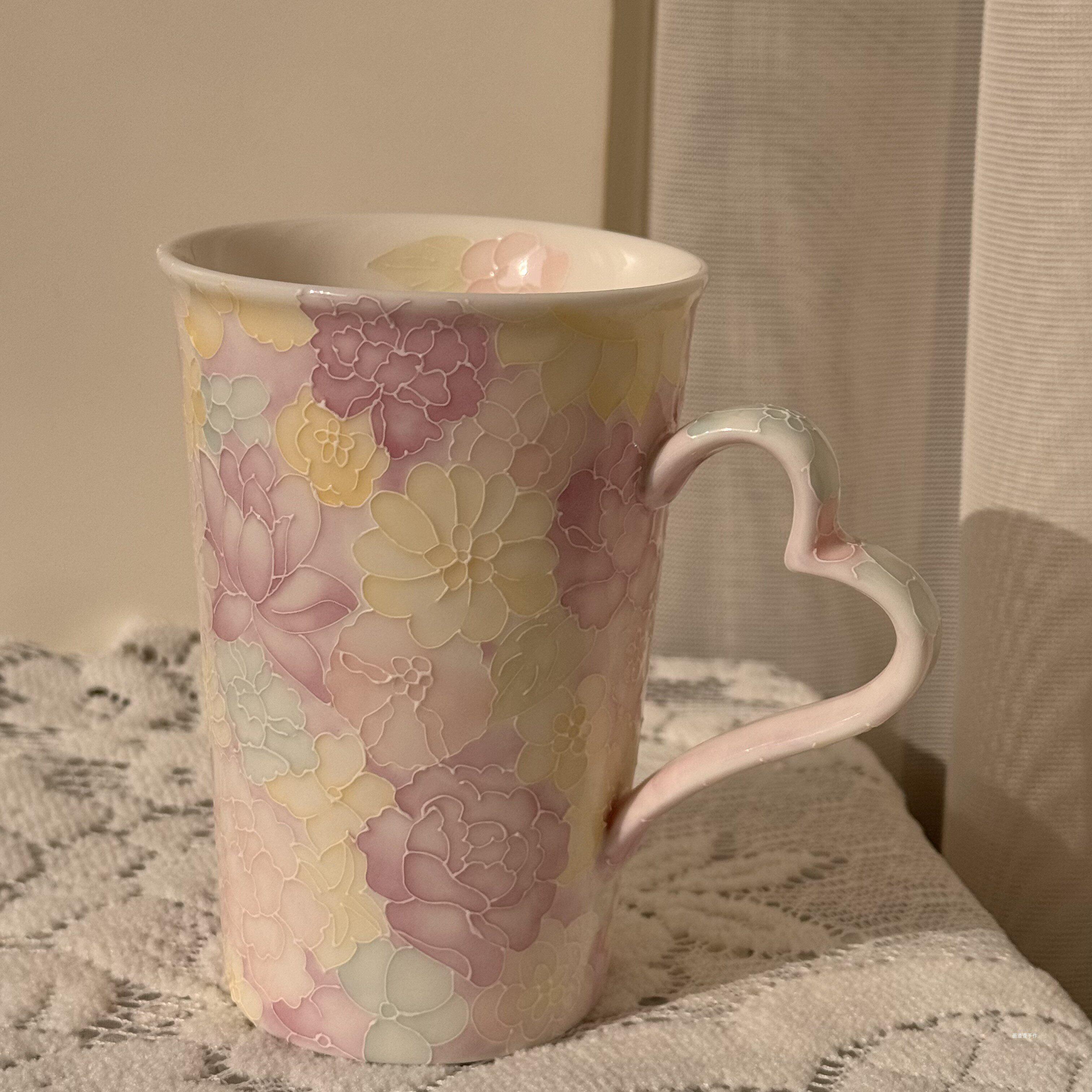 手绘陶瓷万花杯景德镇高颜值马克杯爱心把手女生家用办公喝水杯子