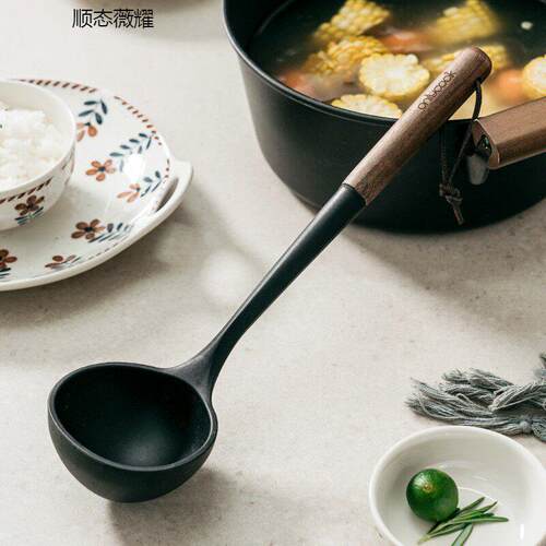 官方旗舰店正品日本耐高温硅胶汤勺漏勺家用木把手粥勺长柄汤勺子
