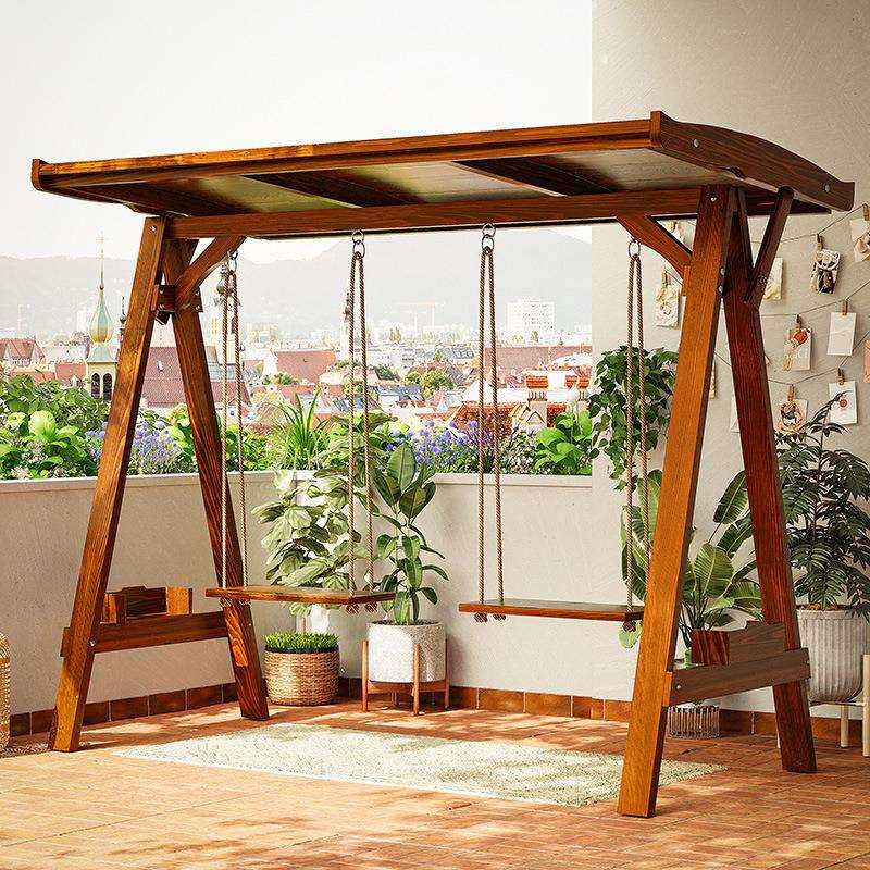 别墅庭院家具户外带蓬实木秋千公园双人木质防雨秋千室外儿童小孩