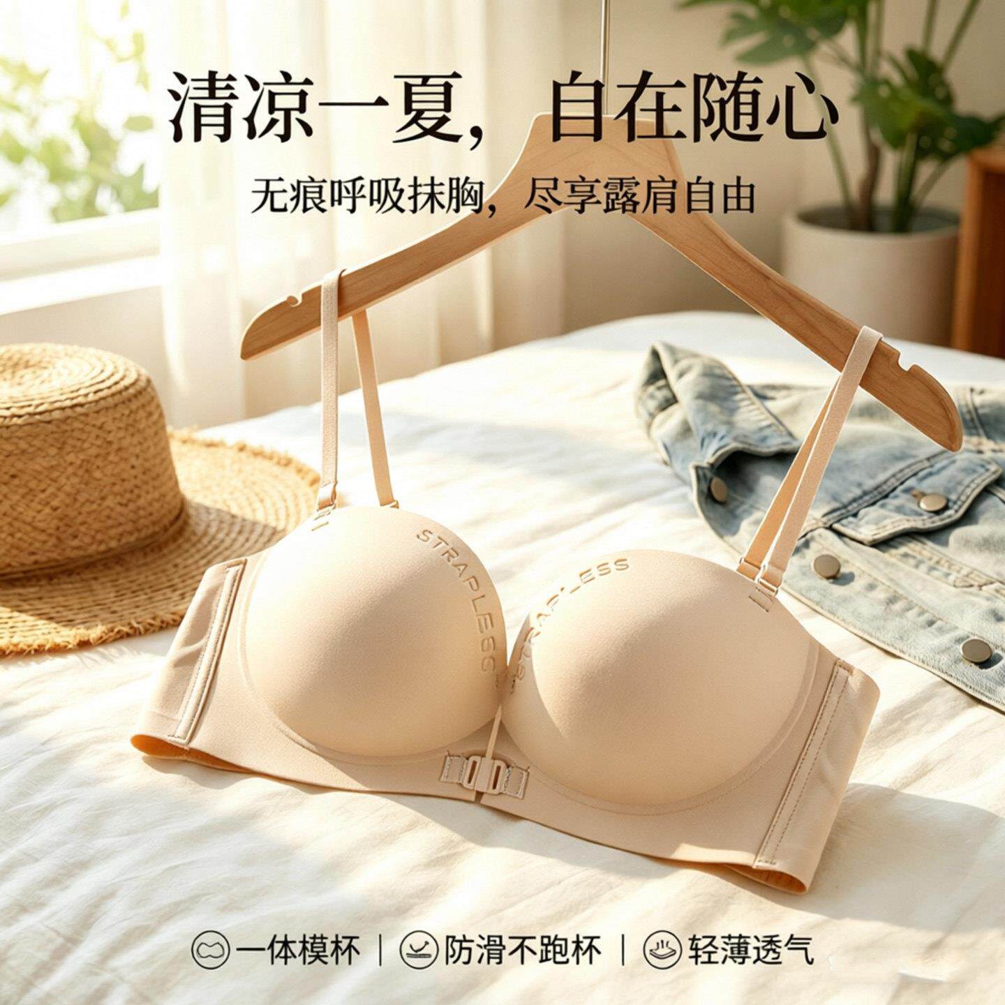 前扣聚拢无痕内衣女露肩细肩带防滑不跑杯美背内衣防侧漏透气胸罩