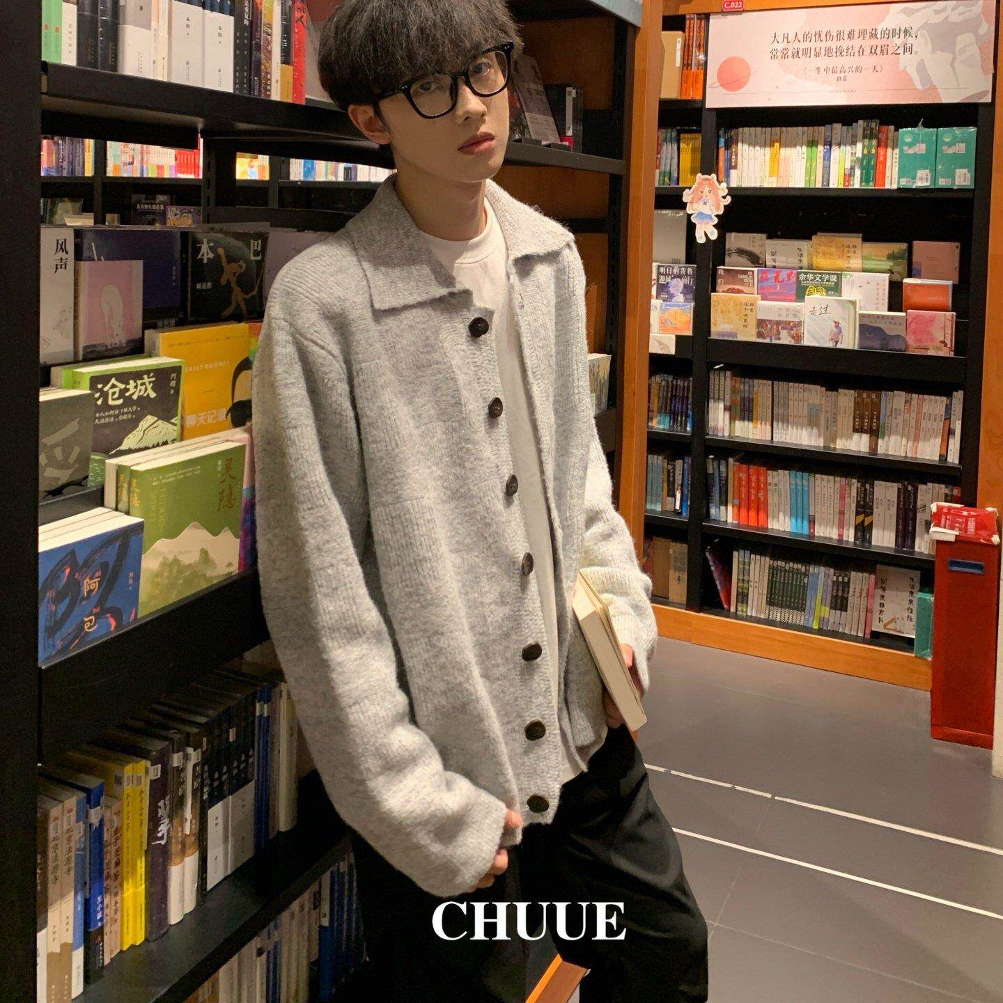 CHUUE/混纺盘格针织开衫男2026春季毛衣翻领韩系慵懒开衫外套潮