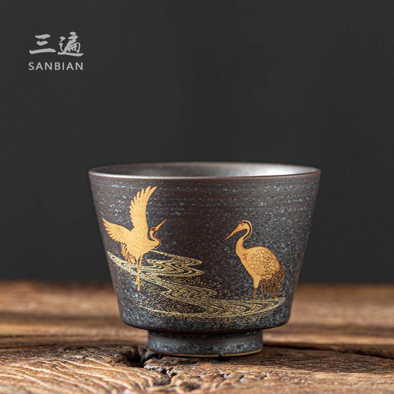 瑞鹤呈祥仙鹤茶杯手工粗陶窑变色复古品茗杯个人主人杯单杯品茗杯
