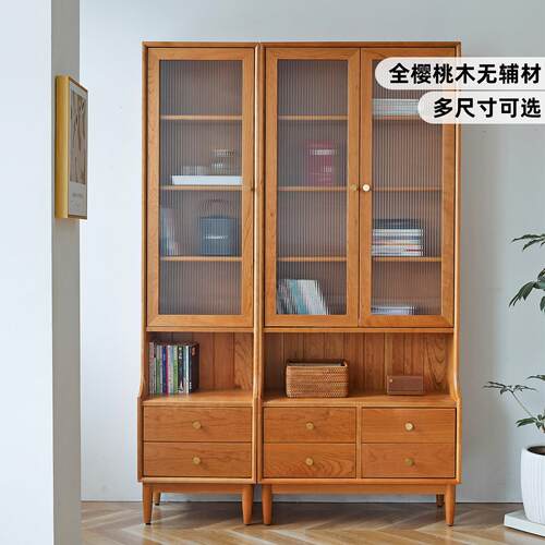 实木书柜全樱桃木玻璃门展示落地靠墙高书橱置物家用中古防尘书架