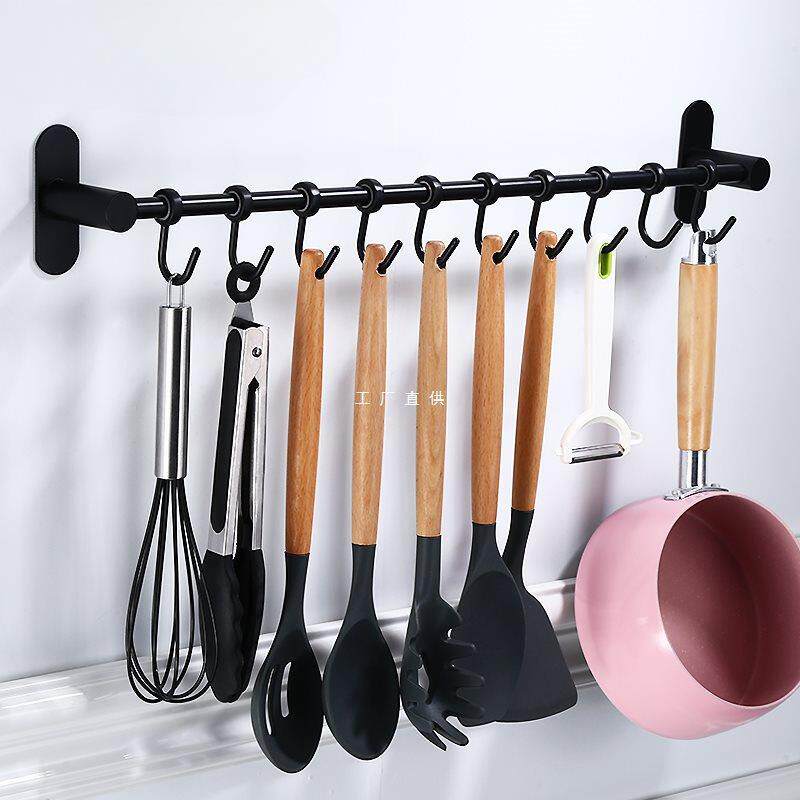 免钉挂杆黑色厨房挂架挂钩架家用横杆免打孔挂钩活动排钩勺子