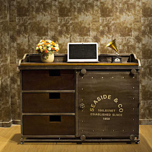 创意美式复古铁艺实木收银台柜台前台桌个性做旧迎宾台吧台可定制