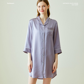 100%桑蚕丝淡紫色真丝衬衫式睡衣宽松家居服可外穿女性感睡裙夏季