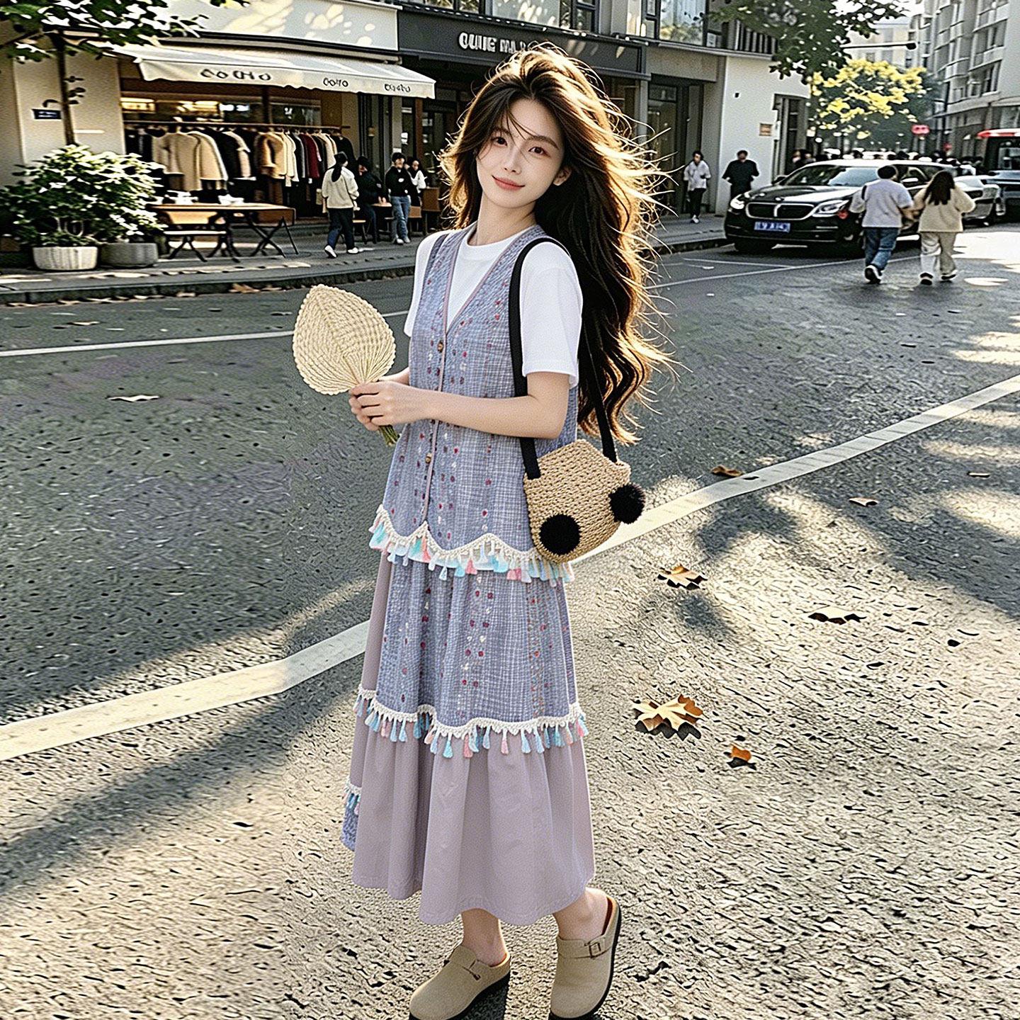 套装女装夏2026新款时尚流苏拼接肌理感格子短袖马甲碎花裙三件套