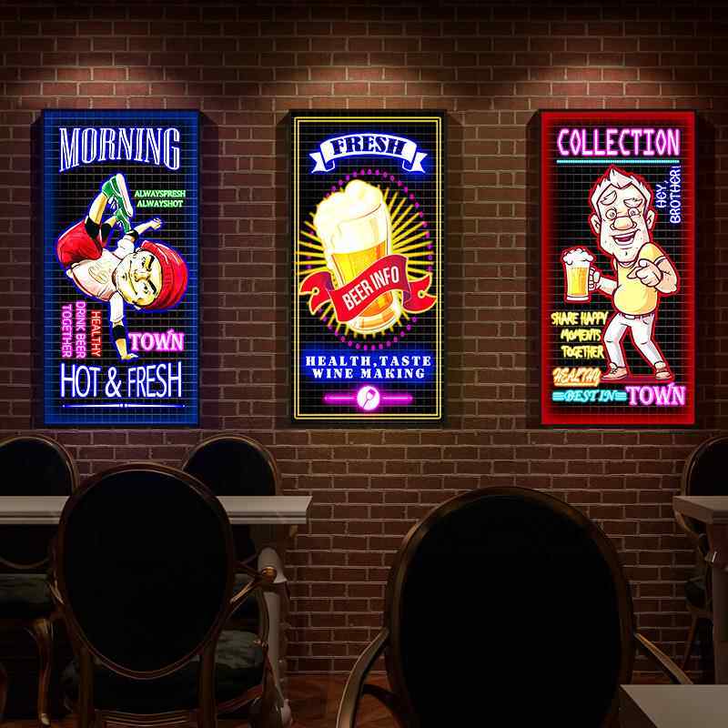 酒吧墙面氛围灯文装饰画网红啤酒VEE英发光壁画清吧T墙V夜店leKd