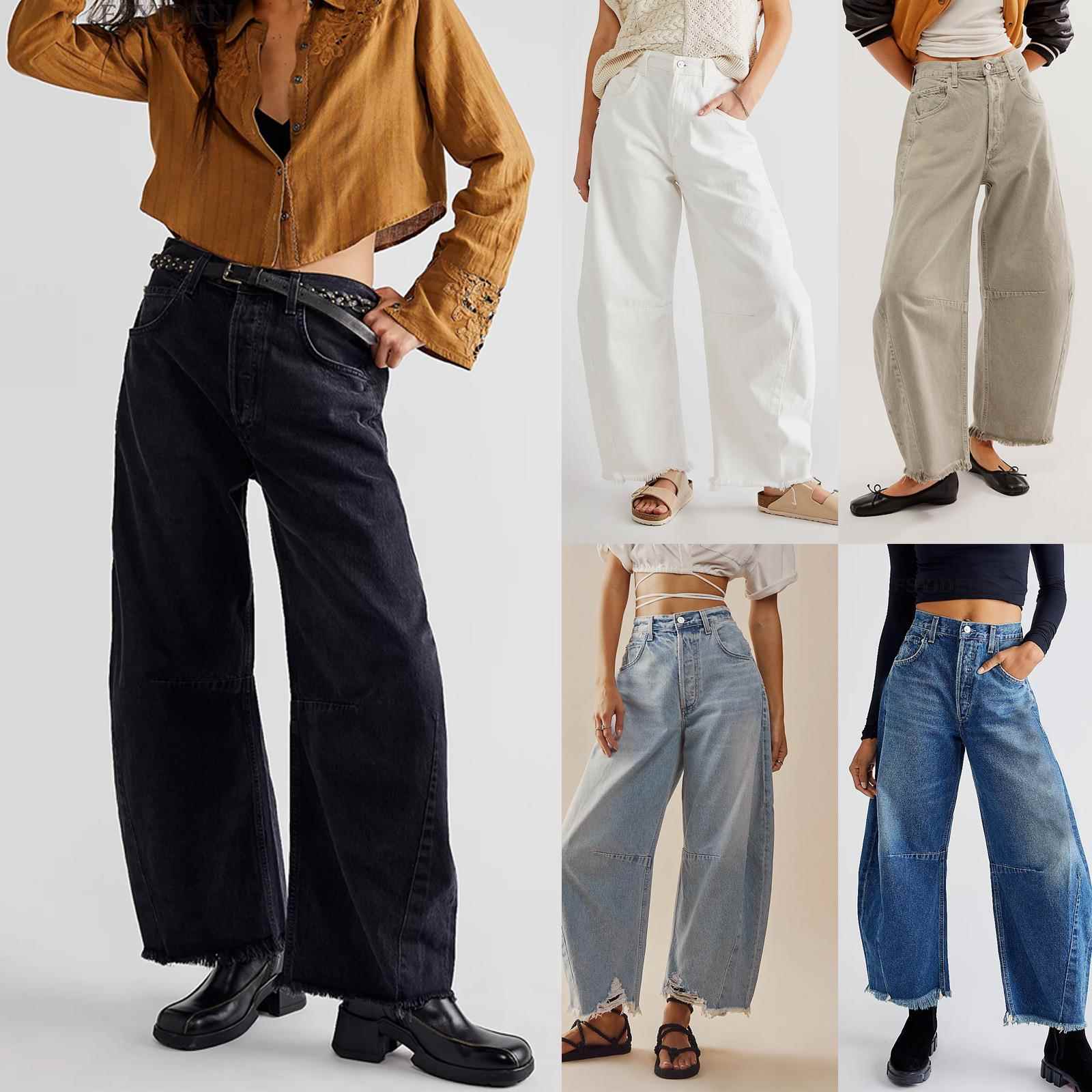Women's wide-leg jeans high waist loose raw edge trousers