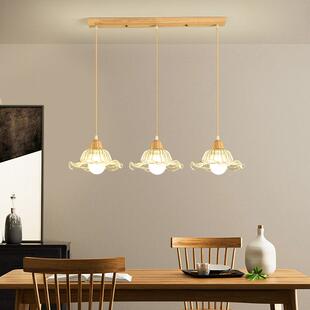 日现式原木风三头吊灯简约实木玻X213璃餐厅卧室代床头吧头台单小