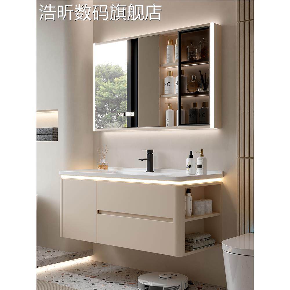 浩昕奶油风陶瓷一体盆圆角浴室 柜 组合卫生间洗漱台洗手池洗脸盆洗面 柜摆件饰品