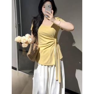 方领不规则正肩短袖 大码 女t恤夏胖mm显瘦别致绑带收腰上衣0724d