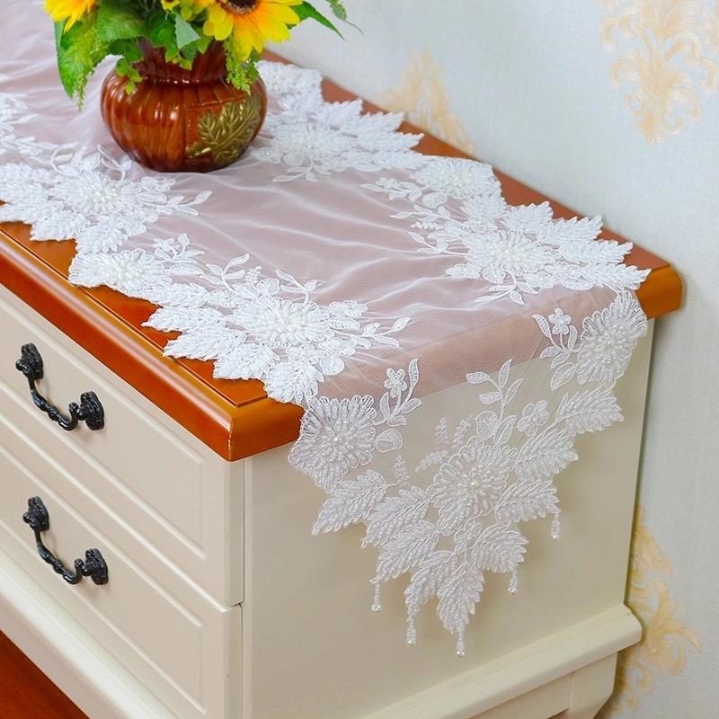 新中式复古风手工串珠桌旗电视柜蕾丝桌旗餐桌茶几斗柜法式防尘罩