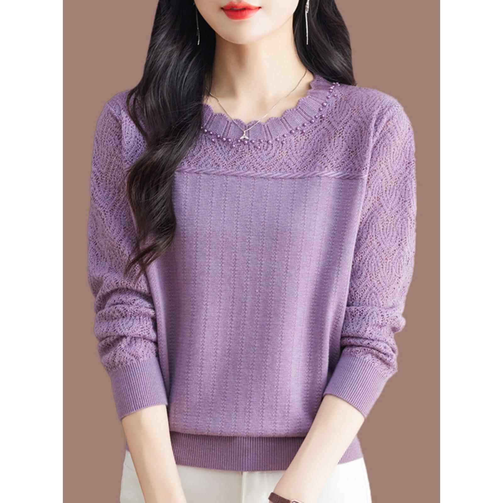 圆领长袖t恤女2025秋装新款桑蚕丝薄款宽松遮肚针织衫上衣打底衫