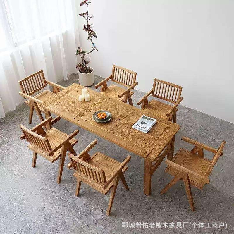 中式老榆木长桌办公室洽谈桌客厅实木餐桌椅组合民宿风化拼接餐桌
